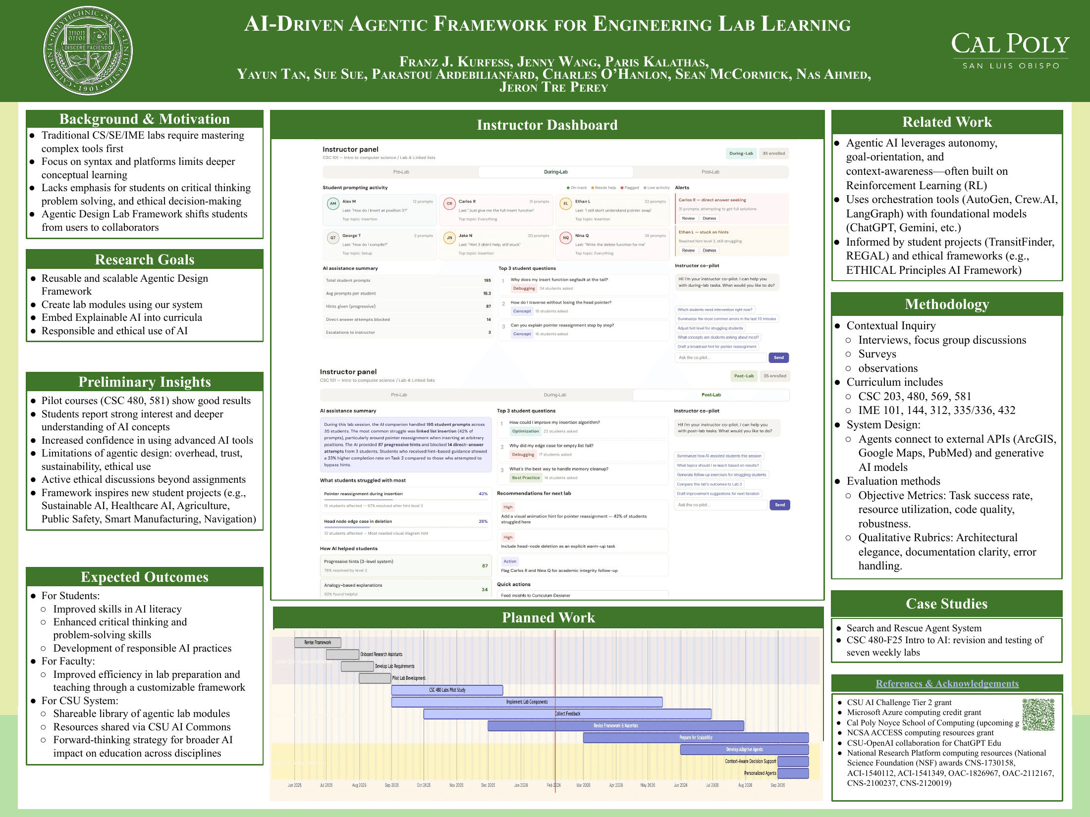 AIEIC research poster summarizing the agentic learning framework, components, prototype dashboard, and early outcomes