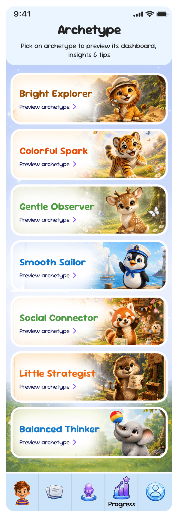 Calling All Kids archetype screen showing seven animal characters