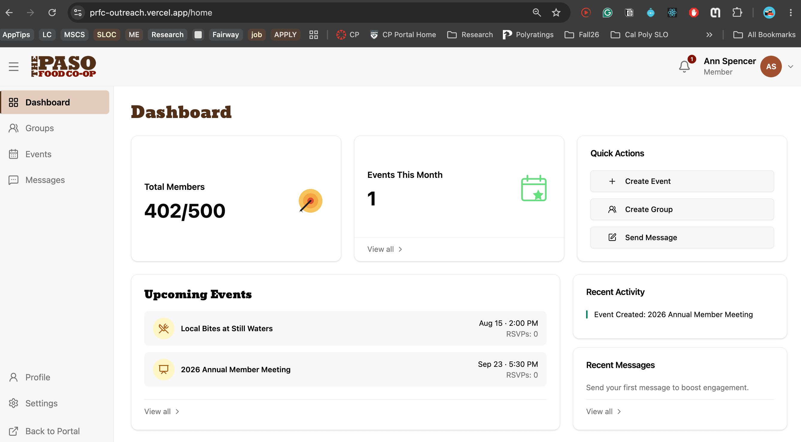 Live PRFC Connect dashboard showing membership and events