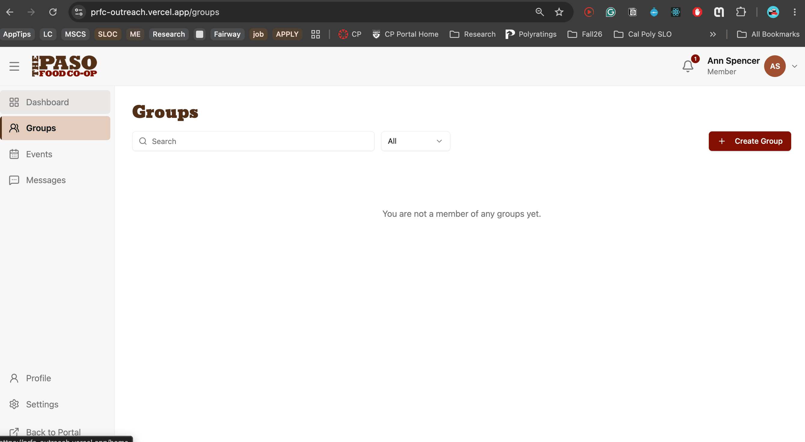 PRFC Connect groups screen