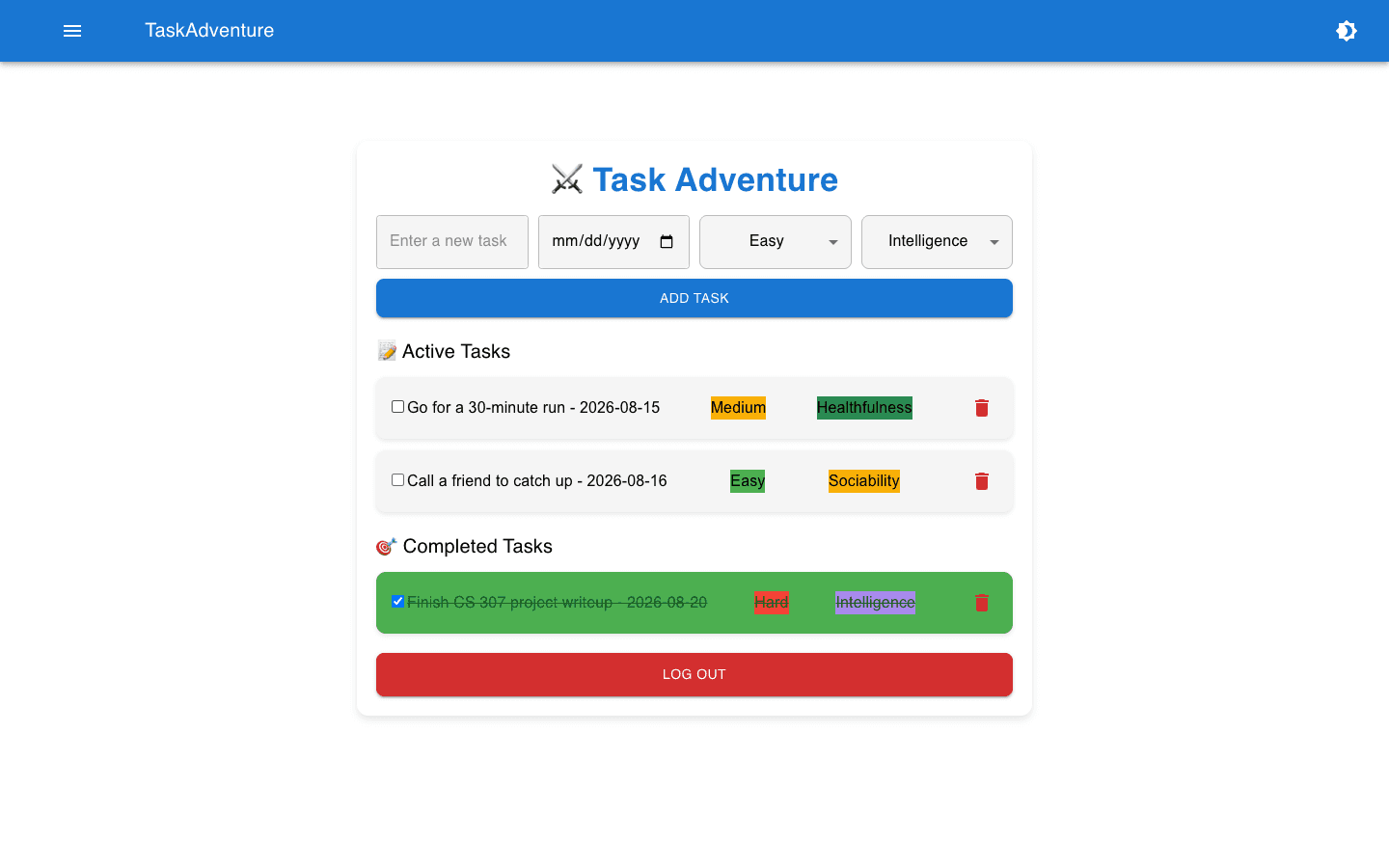 TaskAdventure task page with active and completed tasks